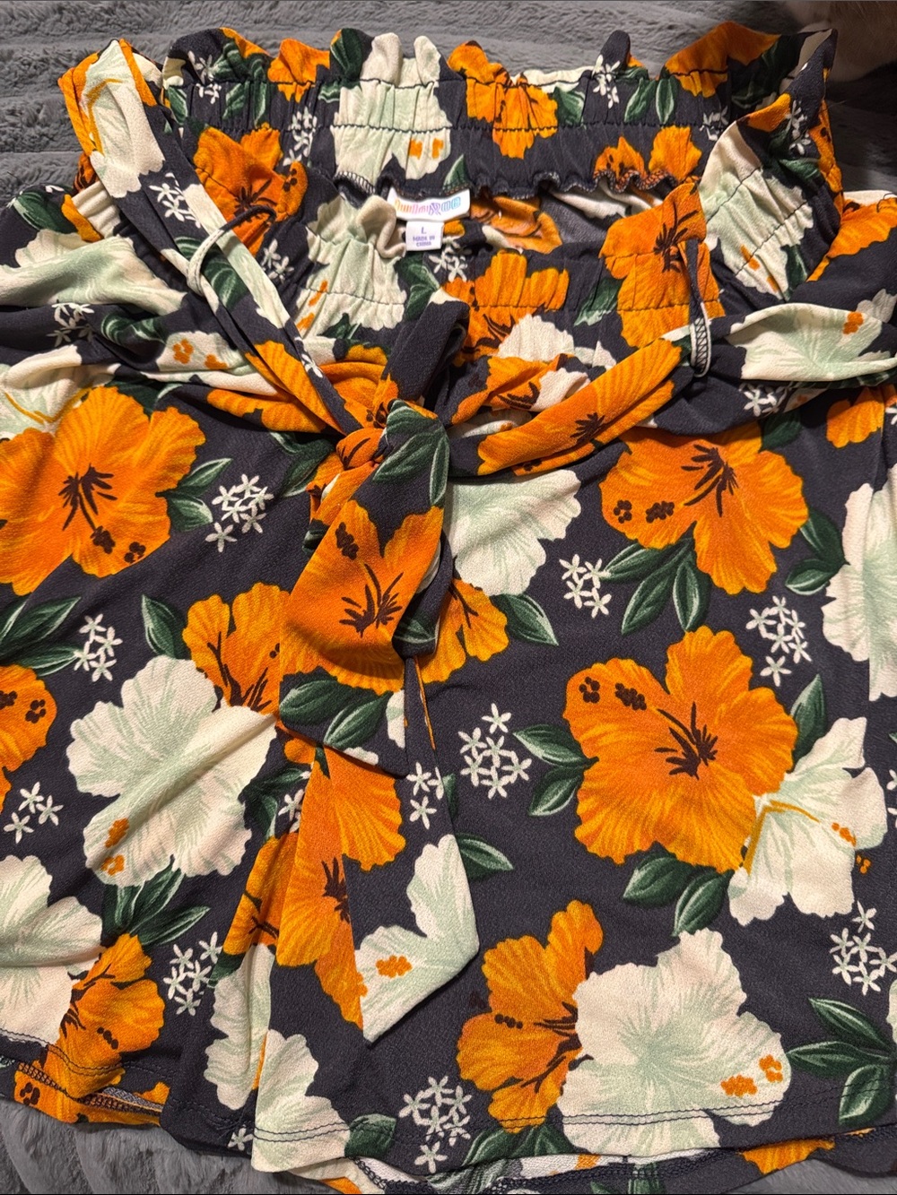 LuLaRoe Black Floral Off-Shoulder Tie Top — Orange & Green